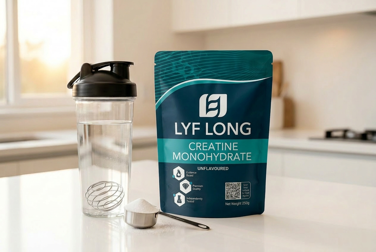 A clear shaker bottle with creatine monohydrate on a kitchen counter